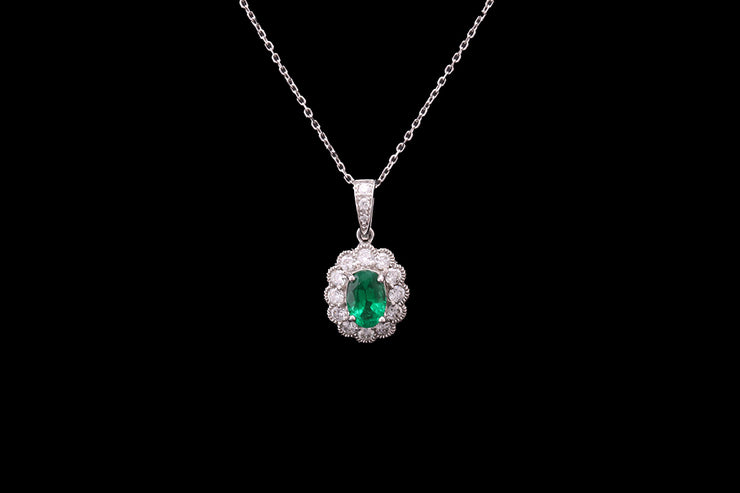 18ct White Gold Diamond and Emerald Oval Cluster Pendant