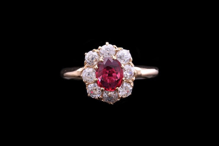 Victorian 18ct Yellow Gold Diamond and Thai Ruby Oval Cluster Ring