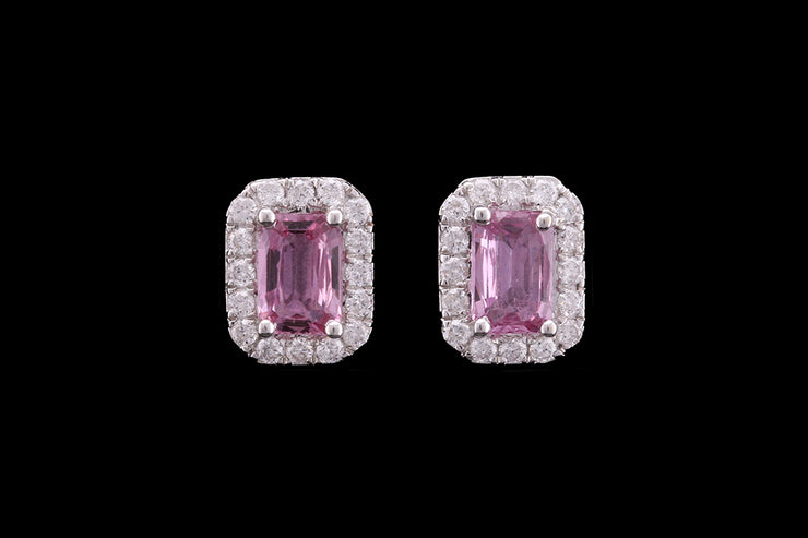 18ct White Gold Diamond and Pink Sapphire Rectangular Cluster Stud Earrings
