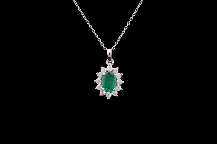18ct White Gold Diamond and Emerald Oval Cluster Pendant