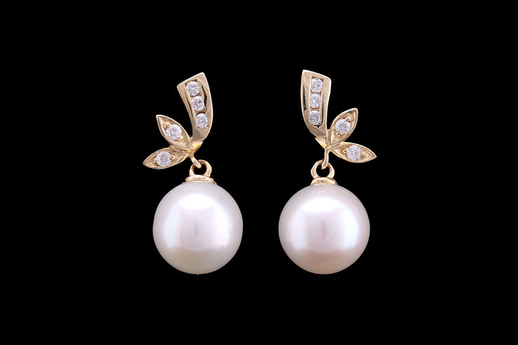 9ct Yellow Gold Diamond and Cultured Pearl Drop Earrings