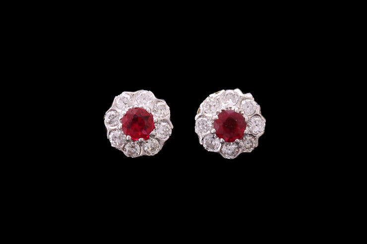 Edwardian 18ct Yellow Gold and White Gold Diamond and Ruby Cluster Stud Earrings