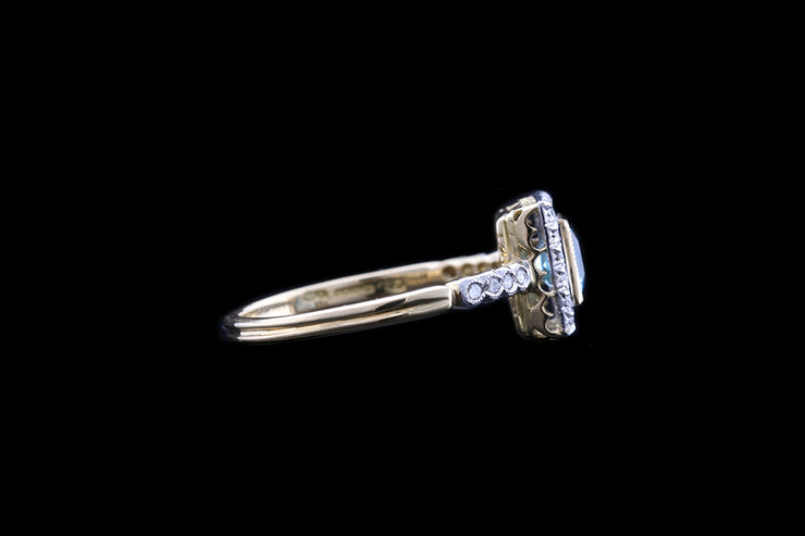 18ct Yellow Gold and Platinum Diamond and Aquamarine Square Cluster Ring with Diamond Shoulders