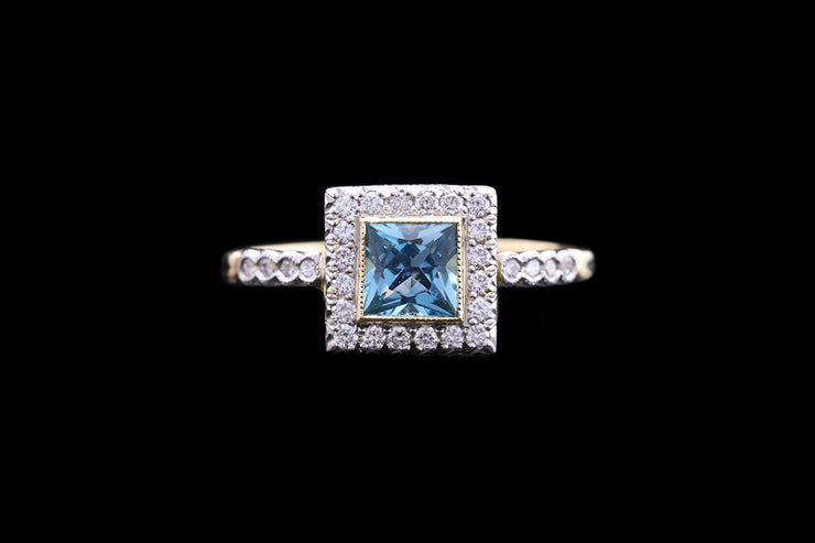18ct Yellow Gold and Platinum Diamond and Aquamarine Square Cluster Ring with Diamond Shoulders
