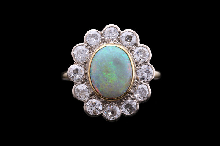 18ct Yellow Gold and Platinum Diamond and Opal Oval Cluster Ring
