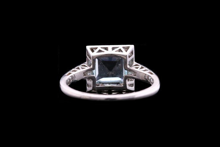 Platinum Diamond and Aquamarine Square Dress Ring with Diamond Shoulders