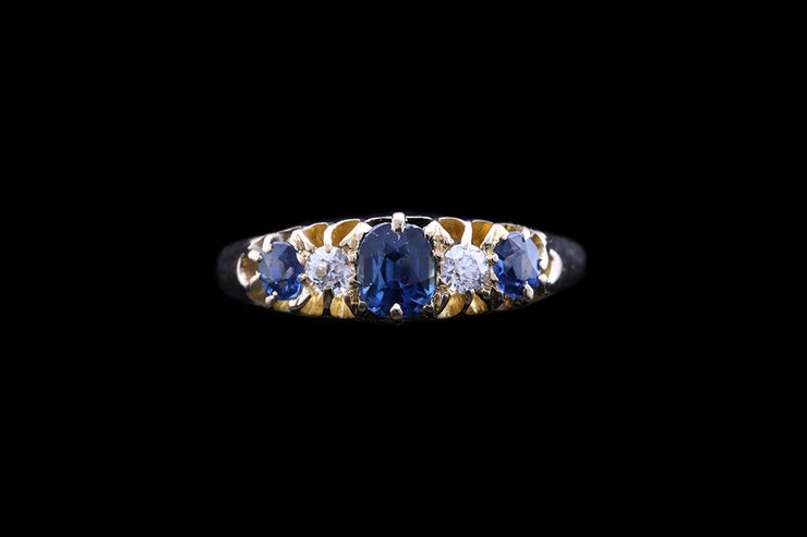 Victorian 18ct Yellow Gold Diamond and Sapphire Five Stone Ring