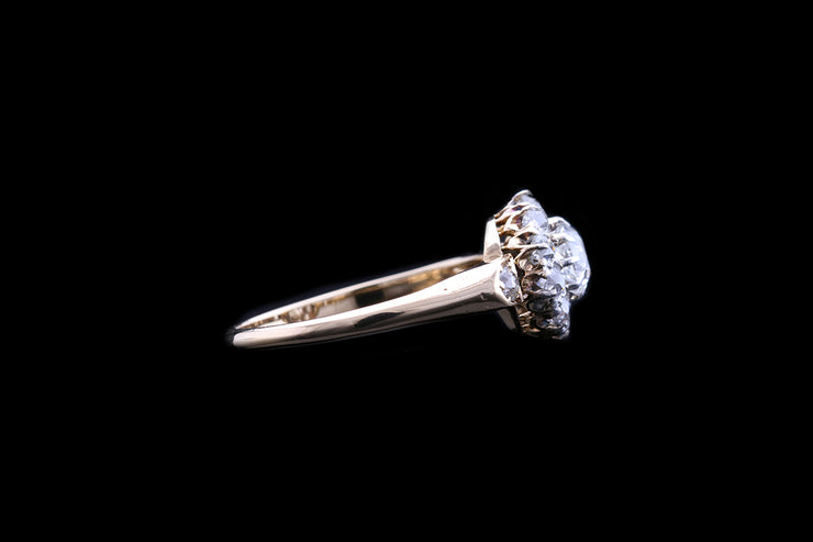 Victorian 18ct Yellow Gold and Silver Diamond Cluster Ring with Diamond Shoulders