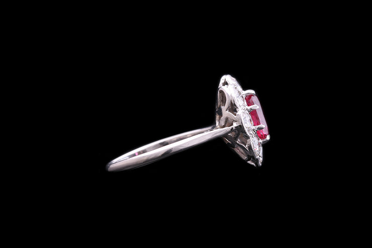 18ct White Gold Diamond and Thai Ruby Oval Cluster Ring