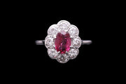 18ct White Gold Diamond and Thai Ruby Oval Cluster Ring