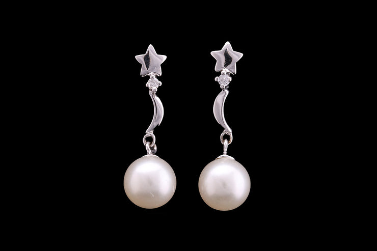 18ct White Gold Diamond and Cultured Pearl Star Drop Earrings