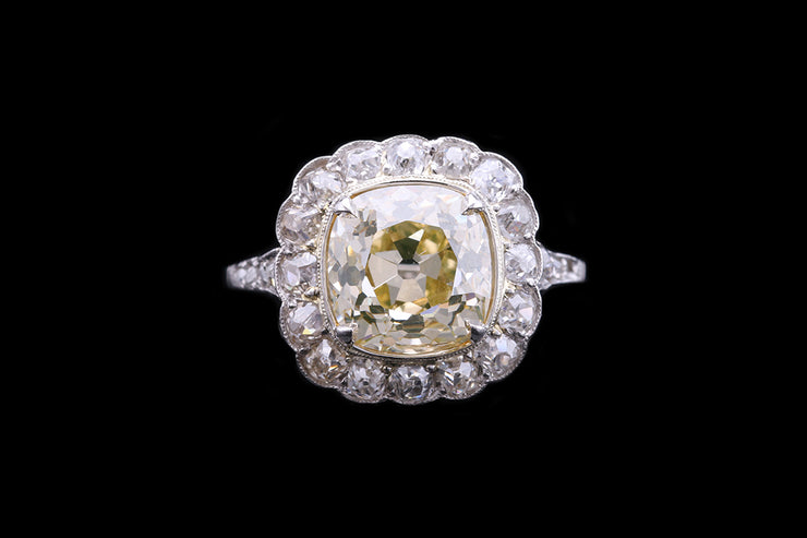 Art Deco Platinum Diamond and Fancy Yellow Diamond Cluster Ring