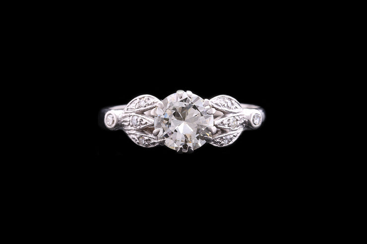 Art Deco Platinum Diamond Single Stone Ring with Diamond Shoulders