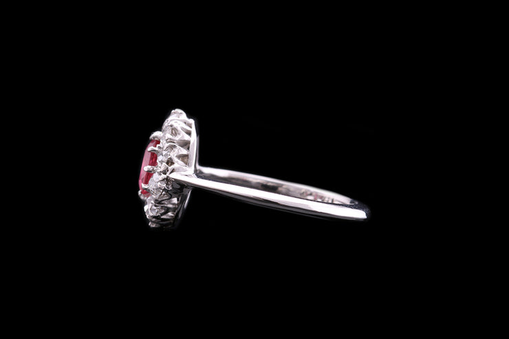 Art Deco 18ct White Gold Diamond and Ruby Oval Cluster Ring
