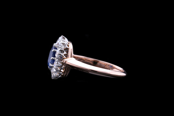 Victorian 18ct Rose Gold and Silver Diamond and Sapphire Cluster Ring