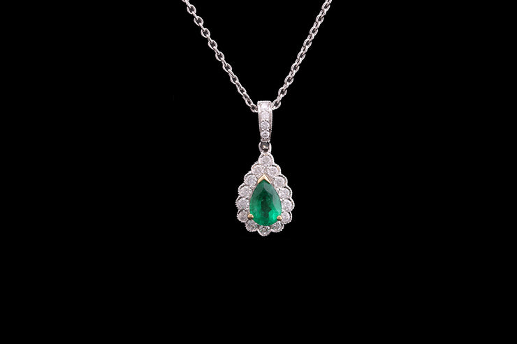 18ct White Gold Diamond and Emerald Pear Cluster Pendant