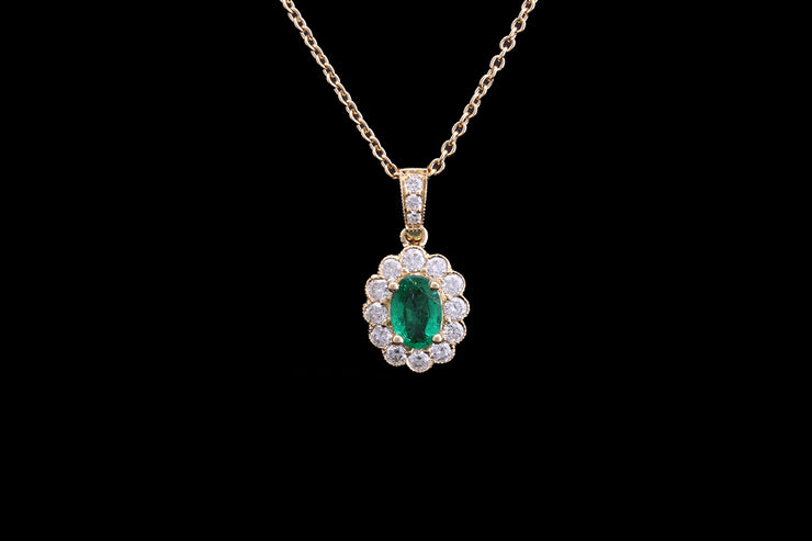 18ct Yellow Gold Diamond and Emerald Oval Cluster Pendant