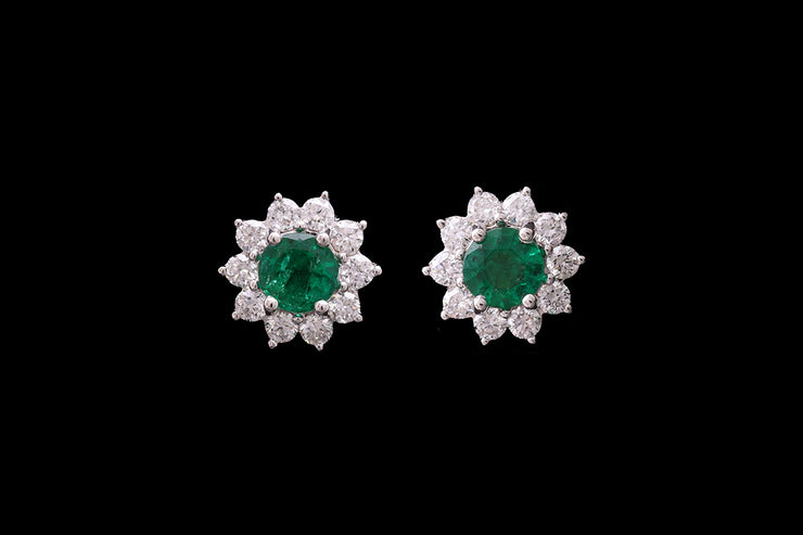 18ct White Gold Diamond and Emerald Cluster Stud Earrings