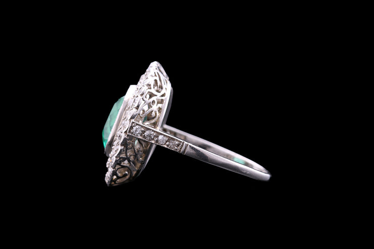 Edwardian Platinum Diamond and Colombian Emerald Dress Ring