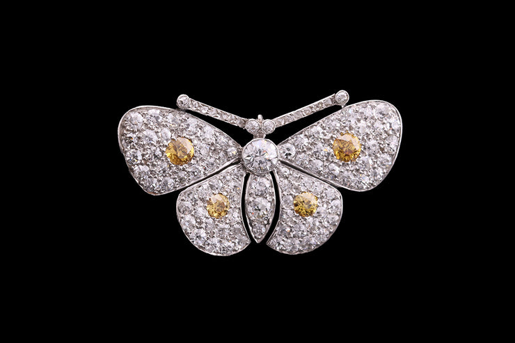 Art Deco Platinum Diamond and Fancy Intense Yellow Diamond Butterfly Brooch