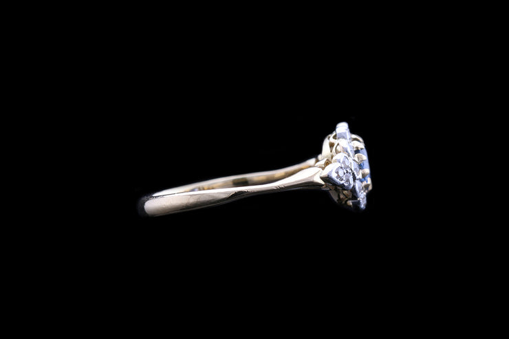 Edwardian 18ct Yellow Gold and Platinum Diamond and Sapphire Cluster Ring with Diamond Shoulders