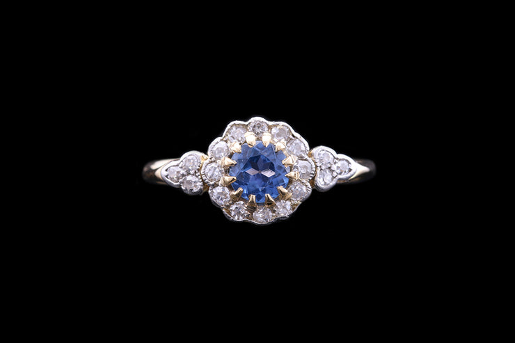 Edwardian 18ct Yellow Gold and Platinum Diamond and Sapphire Cluster Ring with Diamond Shoulders