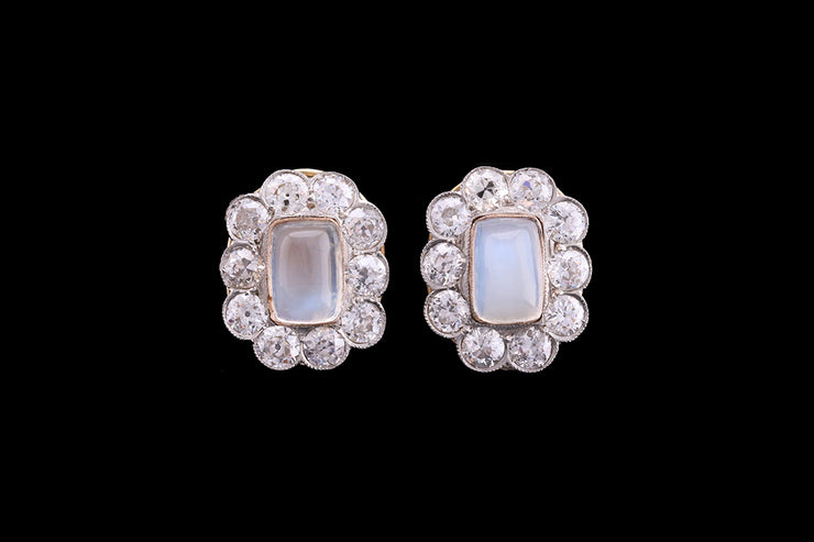 Edwardian 18ct Yellow Gold and Platinum Diamond and Moonstone Cluster Stud Earrings