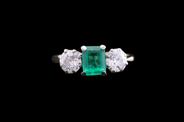 18ct Yellow Gold and White Gold Diamond and Emerald Three Stone Ring