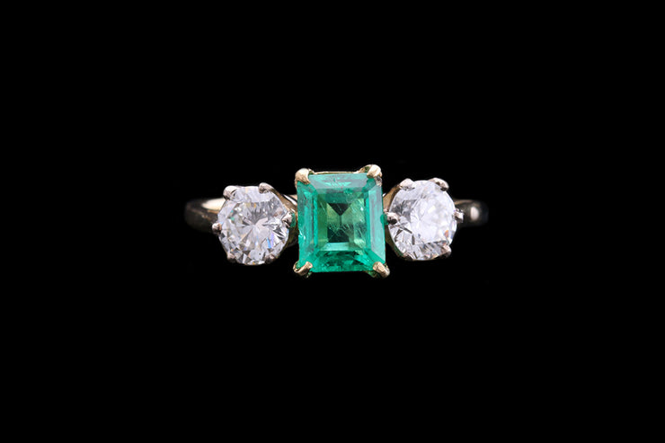 18ct Yellow Gold Diamond and Colombian Emerald Three Stone Ring