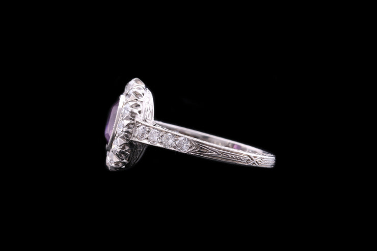 Platinum and Iridium Diamond and Sri Lankan Purple Sapphire Cluster Ring with Diamond Shoulders
