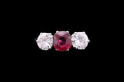 Art Deco Platinum Diamond and Thai Ruby Three Stone Ring