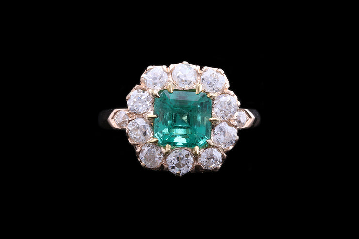 Victorian 18ct Yellow Gold Diamond and Zambian Emerald Square Cluster Ring