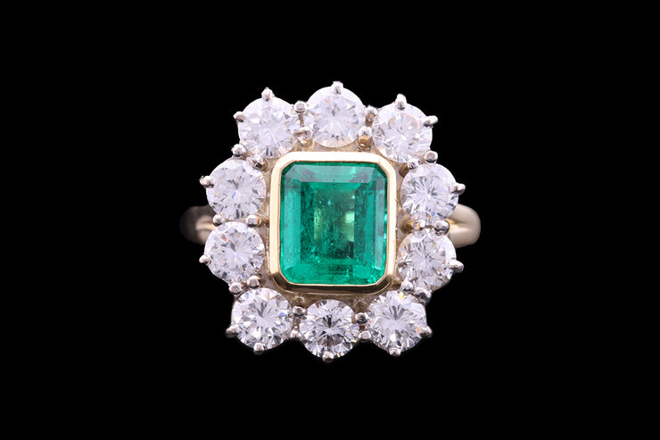 18ct Yellow Gold and White Gold Diamond and Colombian Emerald Rectangular Cluster Ring