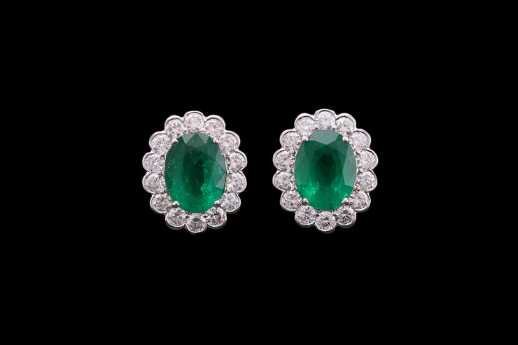 18ct White Gold Diamond and Emerald Oval Cluster Stud Earrings