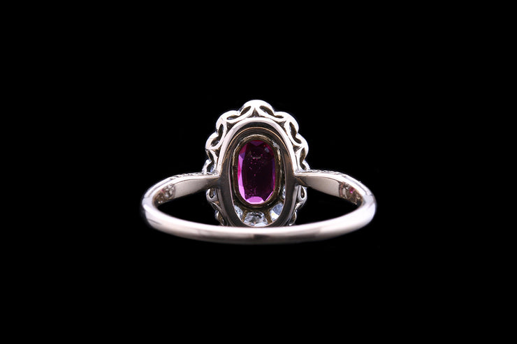 Edwardian 18ct Yellow Gold Diamond and Burma Ruby Oval Cluster Ring