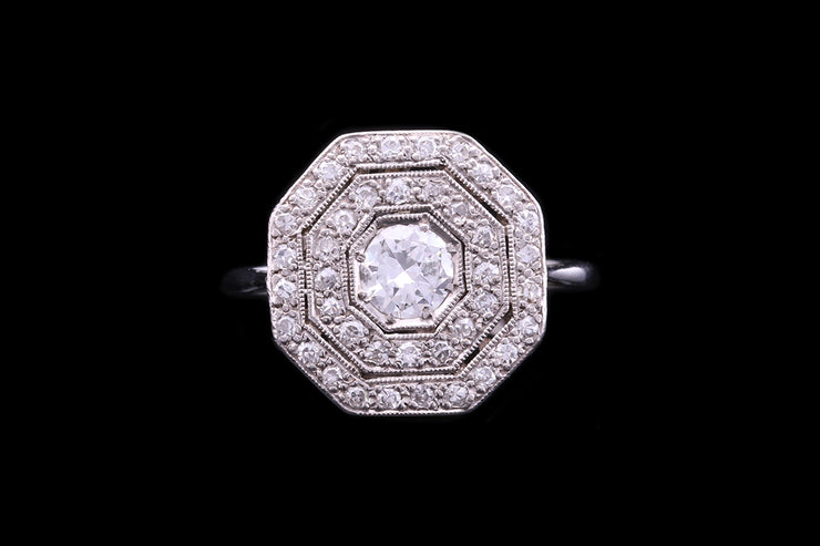 Art Deco 18ct White Gold and Platinum Diamond Double Row Octagonal Dress Ring