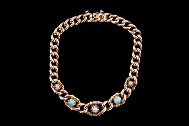 Victorian 15ct Yellow Gold Turquoise and Pearl Bracelet