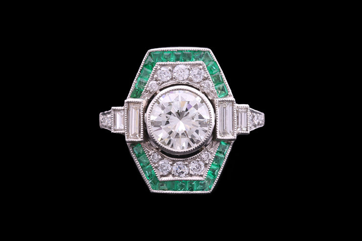 Platinum Diamond and Emerald Dress Ring with Diamond Shoulders