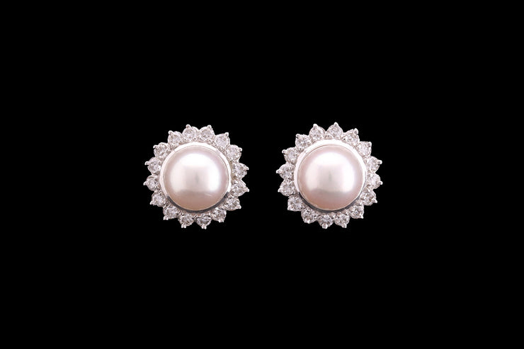 18ct White Gold Diamond and Cultured Pearl Cluster Stud Earrings