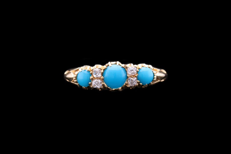 Victorian 18ct Yellow Gold Diamond and Turquoise Seven Stone Ring