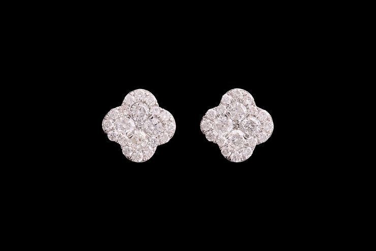18ct White Gold Diamond Clover Stud Earrings