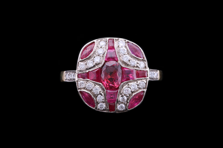 18ct Yellow Gold Diamond and Ruby Dress Ring with Diamond Shoulders