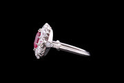 Platinum Diamond and Burma Ruby Oval Cluster Ring with Diamond Shoulders