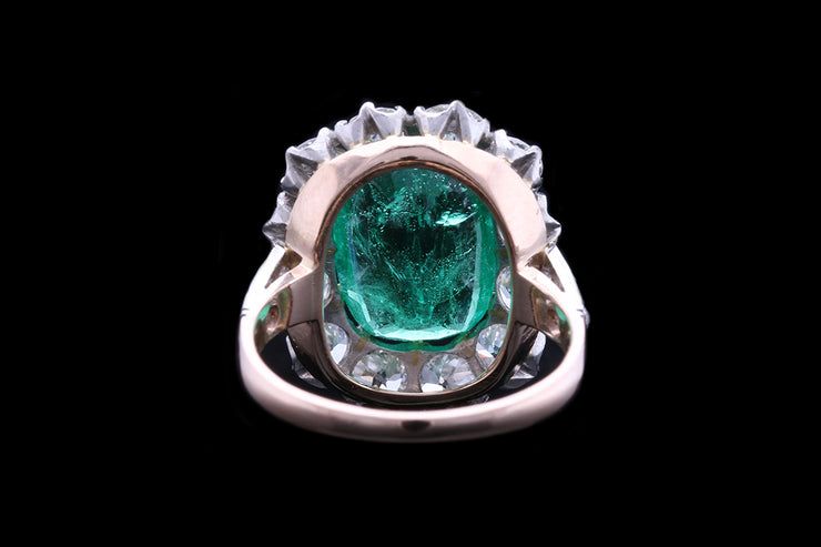 18ct Yellow Gold and White Gold Diamond and Zambian Emerald Cluster Ring with Diamond Shoulders