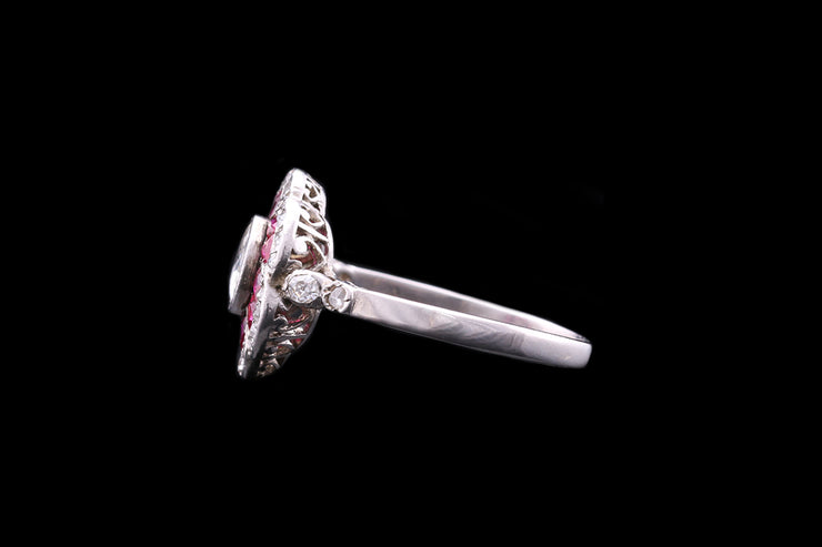 Edwardian Platinum Diamond and Ruby Flower Dress Ring