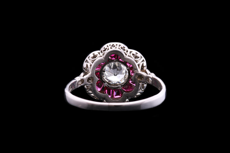 Edwardian Platinum Diamond and Ruby Flower Dress Ring