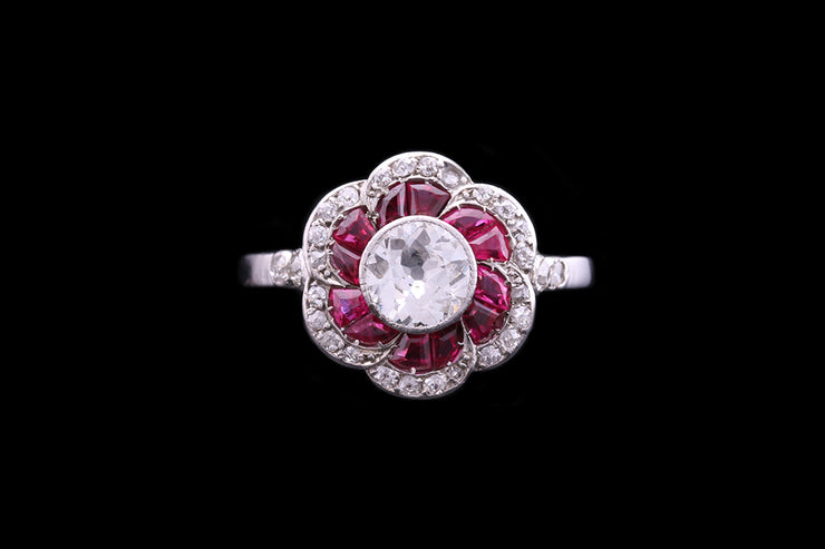 Edwardian Platinum Diamond and Ruby Flower Dress Ring