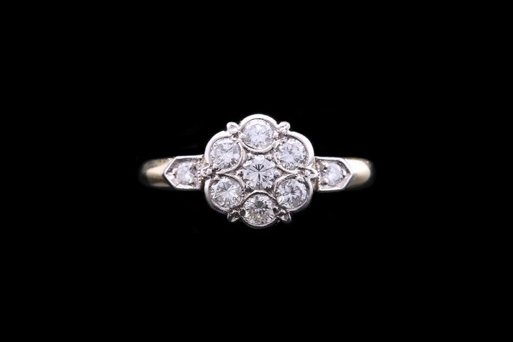 Art Deco 18ct Yellow Gold and Platinum Diamond Cluster Ring with Diamond Shoulders