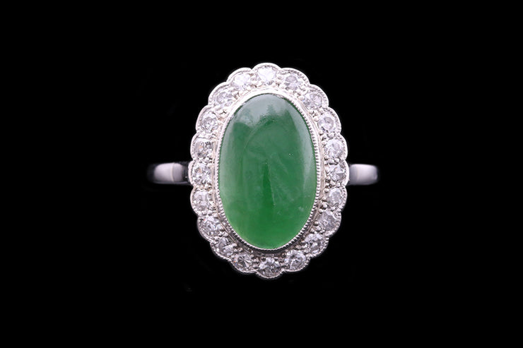 Art Deco Platinum Diamond and Jade Oval Cluster Ring