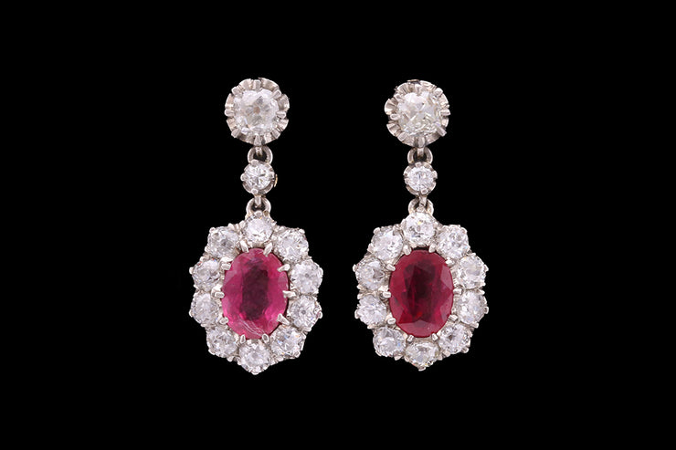 Victorian 18ct Yellow Gold and Silver Diamond and Ruby Oval Cluster Drop Earrings